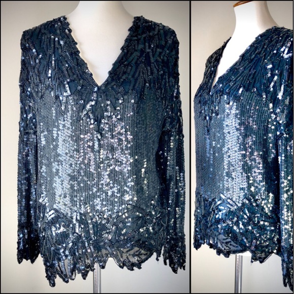 Silk and Sequins Black Formal Top Miss Poillette P - Picture 2 of 10